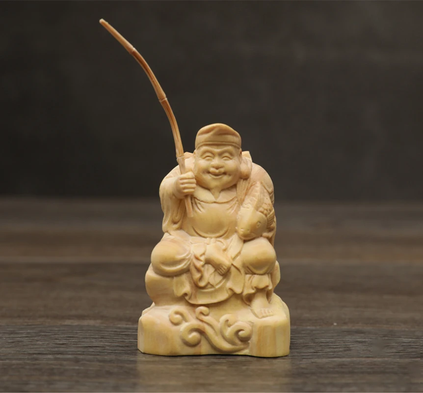 

XS069-6 CM Hand Carved Boxwood Carving Figurine Buddha Statue Home Decor -Ebisu Sculpture Lucky Rich God Folk Crafts