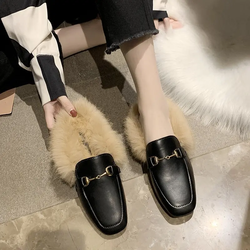 

Women Slippers Flat Autumn and Winter Warm Fur Mules 2021 New Fashion Female Ladies Shoes Rabbit Fur Casual Shoes Women