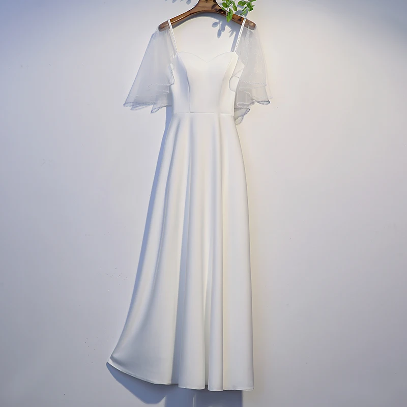 

Evening Dress Sexy Strapless Ruffles Lace Short Sleeves A-line Tea-Length Simple White Elegant Party Formal Dresses Woman B108