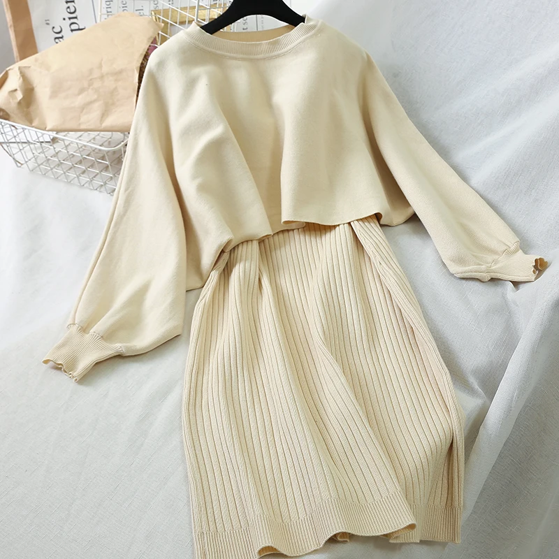 2019 Новая мода Женская одежда свитер + Висячие платья костюм из двух частей платье