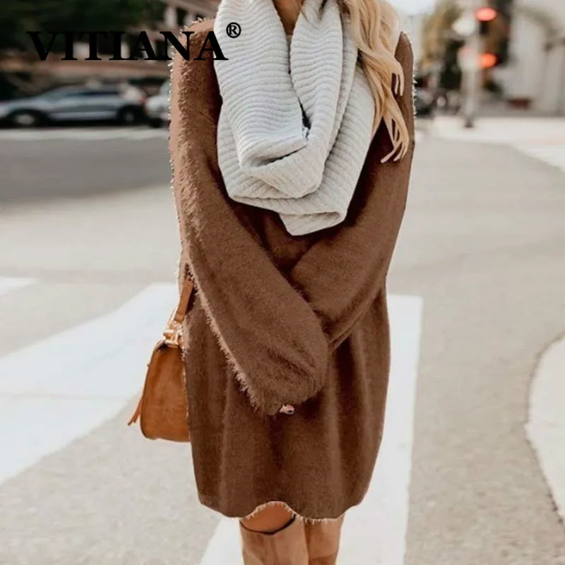 Платья-свитшоты VITIANA для женщин больших размеров из плюша, осень-зима 2019 года, длинный рукав, свободный крой, кэжуал, распродажа.