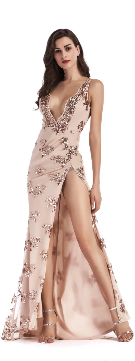 

2020 New Sexy Deep V Neck Spaghetti Strap Dress Female Fashion Sequin Appliques Floor Length Dresses Elegant Evening Party Dress