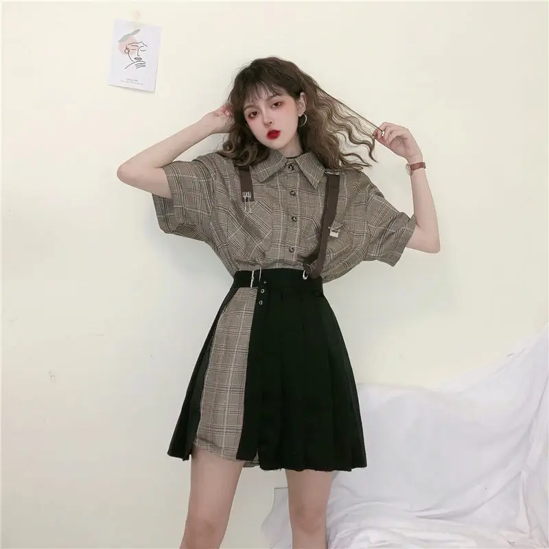 

2021 Autumn Korean Preppy Style 2 Piece Set for Women's Long Sleeve Vintage Plaid Shirt + Black Lace Up Pleated Skirt Female