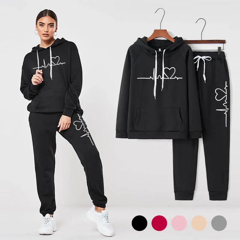 

Women's Hoodie and Pants ECG Print Solid Warm Clothes Women Workout Set Ladies Sweatshirt and Sweatpants Casual Sweat Suits