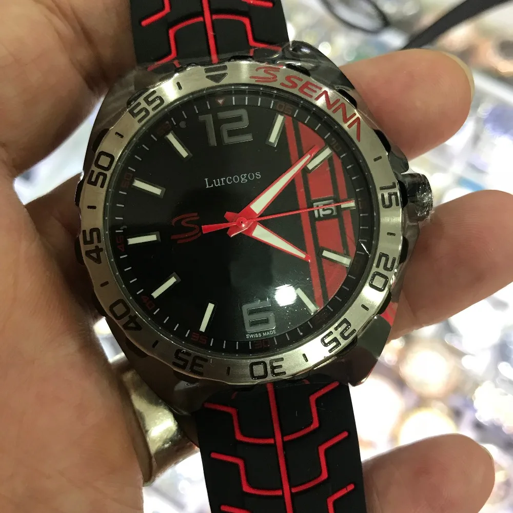 Роскошные мужские часы с черным и красным циферблатом резиновым ремешком