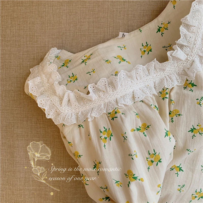 

fancy lace floral print cute women pajamas set long sleeve ruffles top pants 2 piece set homewear spring autumn home suit Y264