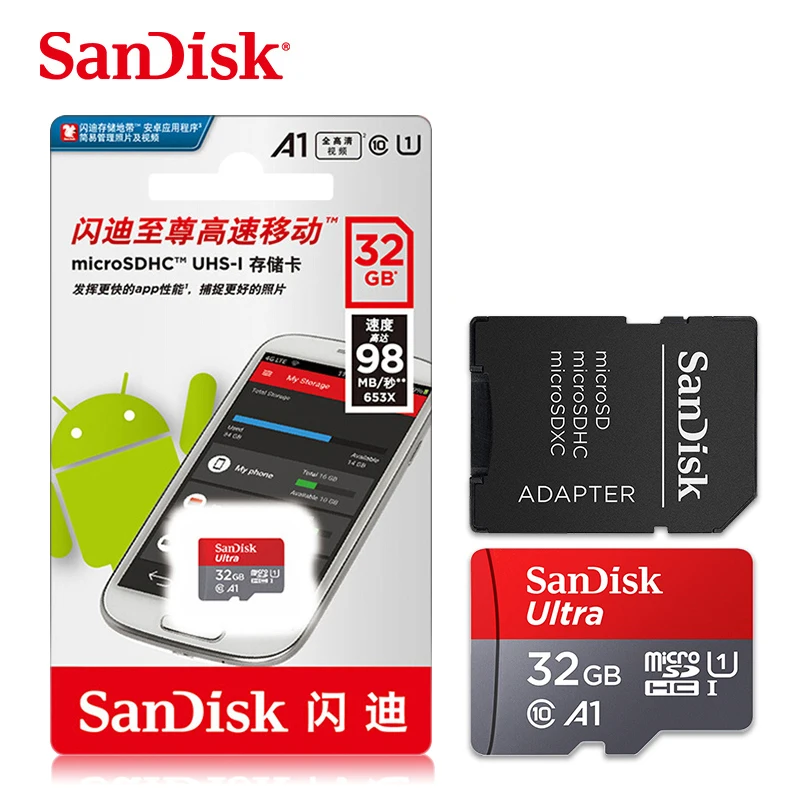 

100% двойной флеш-накопитель SanDisk карты памяти A1 камеры карту 16 Гб оперативной памяти, 32 Гб встроенной памяти, 64 ГБ Micro sd-карта 120 МБ/с. 128 ГБ Class10 ...