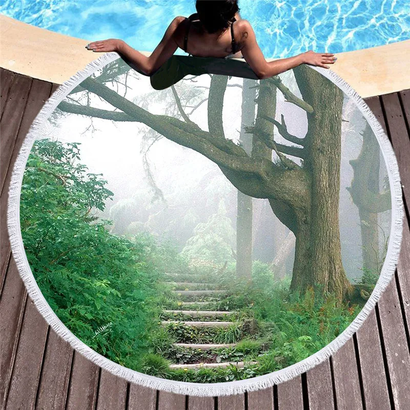 

Forest Large Round Beach Towel Adult Tassel Summer Bath Towel Printed Microfiber 150cm Yoga Mat