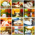 Алмазная живопись с цифрами сделай сам, вышивка с лебедями, вышивка крестиком, мозаика с природным ландшафтом, животное, осень, домашний декор