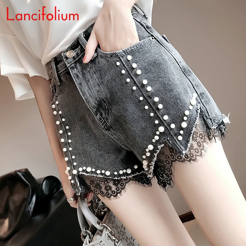 Рваные джинсовые шорты с завышенной талией женские летние корейские кружевные
