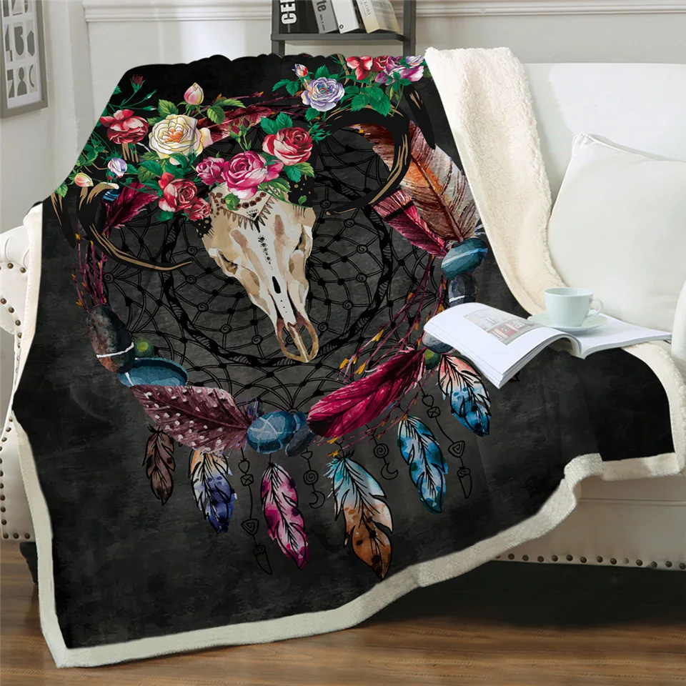 Постельные принадлежности Outlet Boho Ловец снов шерпа пледы одеяло племенные рога Цветок покрывало Готический Череп Бархат плюшевое покрывало 150x200