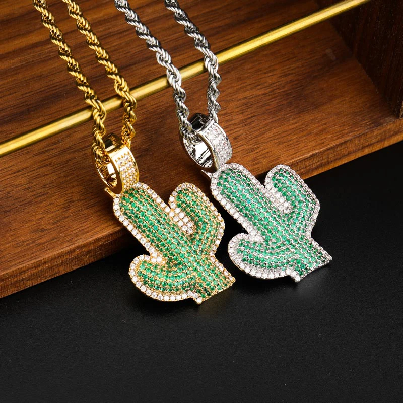 

Iced Out Cactus Pendant Necklace For Women Men Small Weed Herb Maple Leaf Pendants Necklaces Plant Cubic Zircon Hip Hop Jewelry