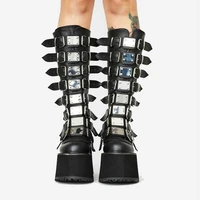 fashion womens high boots design thick soled mid heel calf boots womens punk cool gothic black buckle shoes womens high boots