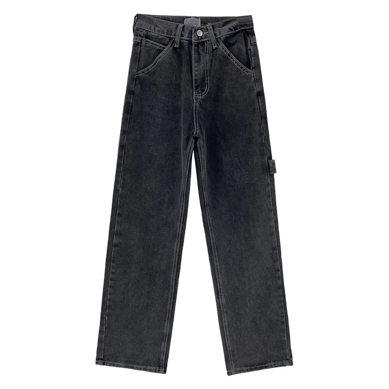 

Smoke Grey Women Straight Denim Pants Slim Casual Vintage Empire Waist Loose Trouser Female Full Length Hip Hop Streetwear Jeans
