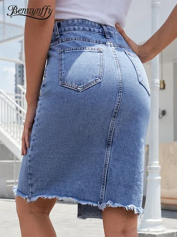Benuynffy Zipper Fly Raw Hem Split Denim Skirt Women Spring and Summer High Waist Jeans Skirt Female Casual Bodycon Midi Skirts