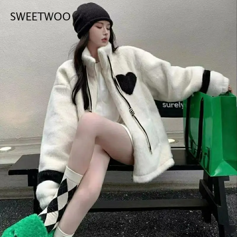 Autumn and Winter Standing Collar Drawstring Imitation Mink Lamb Baseball Suit Loose One-Piece Plush Thick Leisure and Warmth
