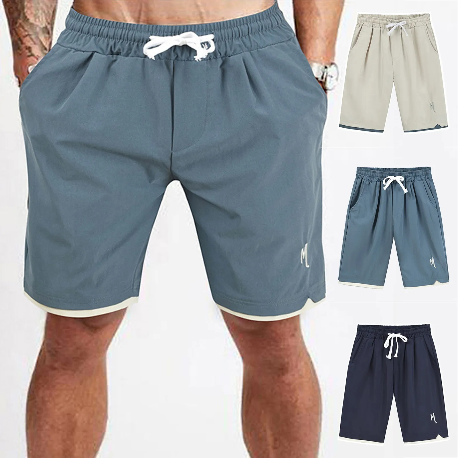 

67# Solid Color Men's Pants Embroidery Drawstring Casual Sports Straight Leg Shorts Plus Size Sports Shorts Five Point Pants