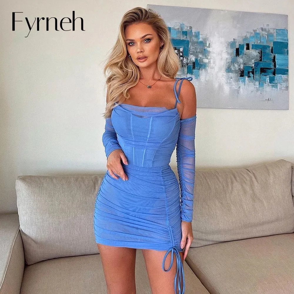 

Fyrneh Autumn New Women Sexy Long Sleeve Mesh Corset Party Dress Club Outfits Strappy Drawstring Night Out Bodycon Mini Dress
