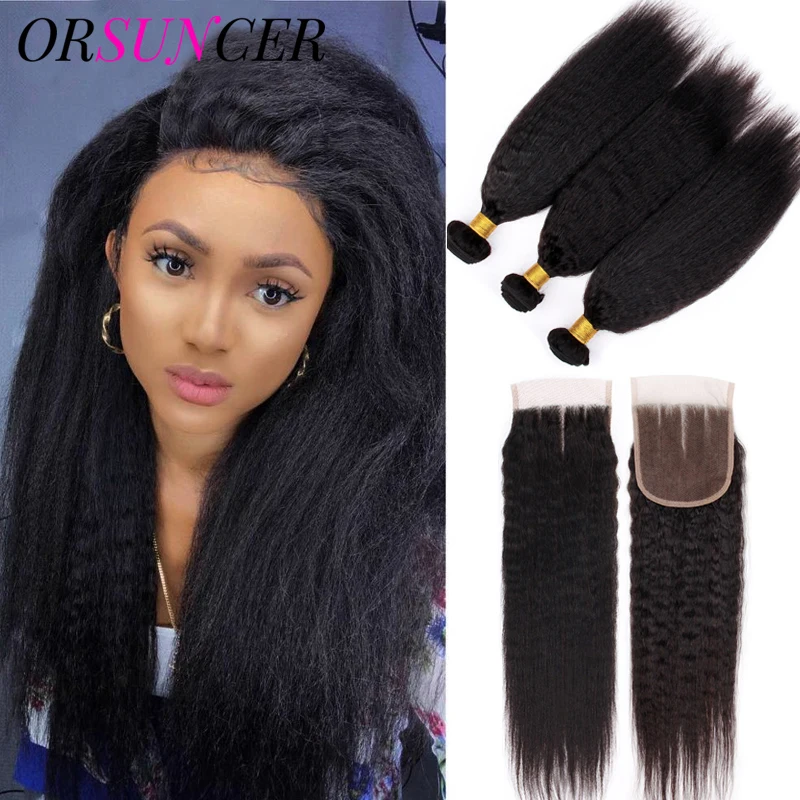 

30 Inch Kinky Straight Bundles With 4x4 Lace Closure Indian Human Hair Bundles Weave For Black Women 3 Bundles With Closure Set