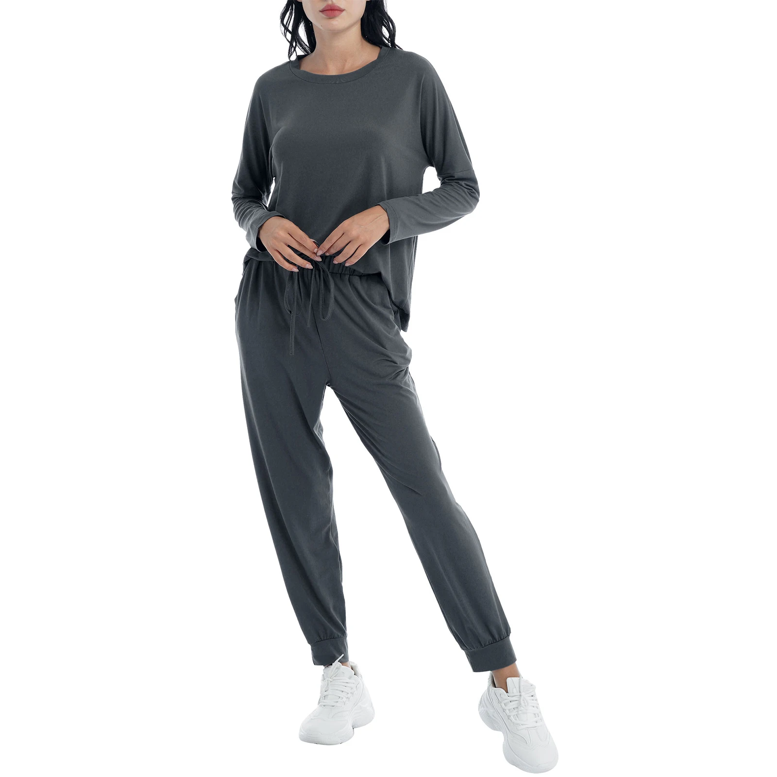 2Pcs Loungewear Women Pajama Set Jogger Suit Long Sleeve Round Neck Pants Sleepwear HomeWear