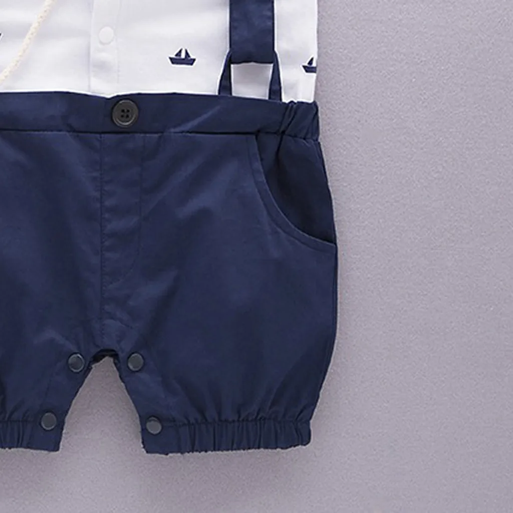 0-3T baby short-sleeved bowknot cartoon printing suspenders gentleman suit Siamese fashion jumpsuit solid S4 |