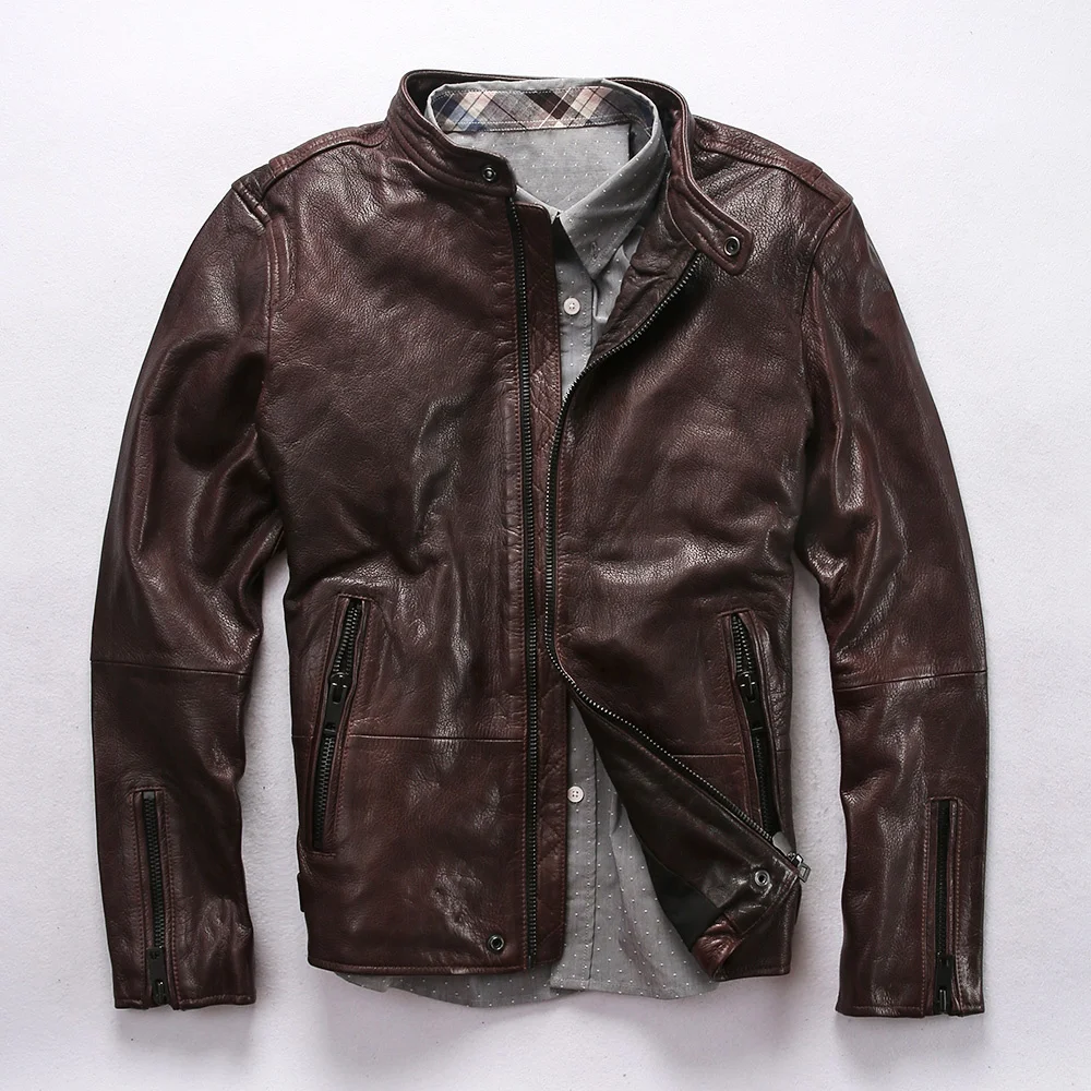 

slim Men's fit B2 genuine leather jacket plant tanning goat skin moto biker jacket men stand collar casual leather coat for male