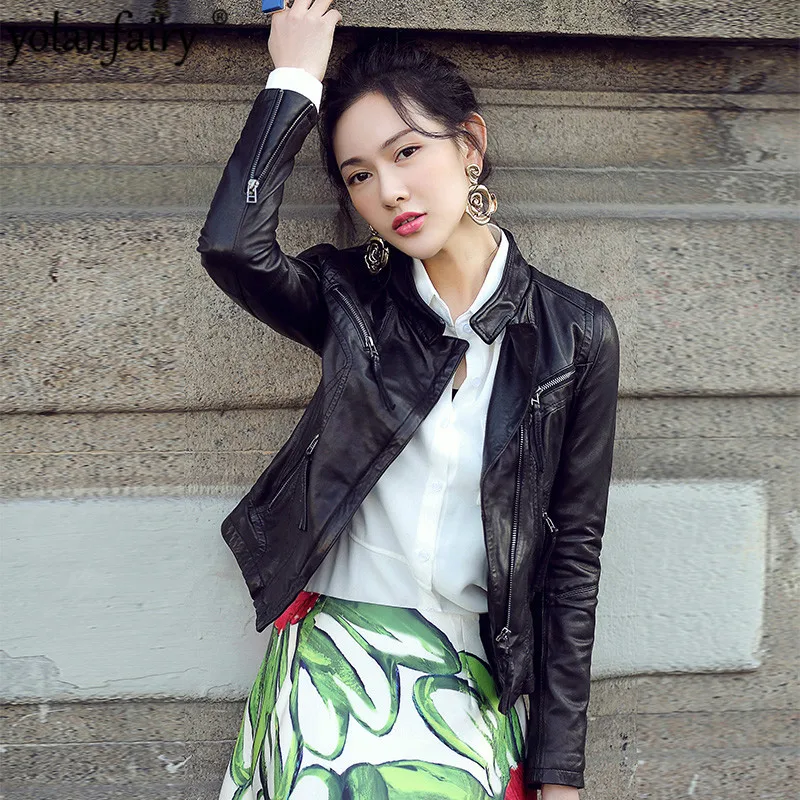 

Куртка YOLANFAIRY из натуральной кожи, женская кожаная куртка из овечьей кожи, короткая мотоциклетная верхняя одежда, кожаная куртка 6661 MF169