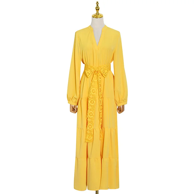 

Hot sale ladies dresses 2021 summer new personality solid color V-neck waist high waist dress with bow knot