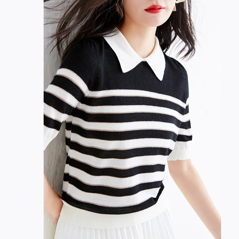 

Women's fashion striped t-shirt summer women's aging lapel loose knitt sweater shirt contrast color short-sleeved t-shirt 20013