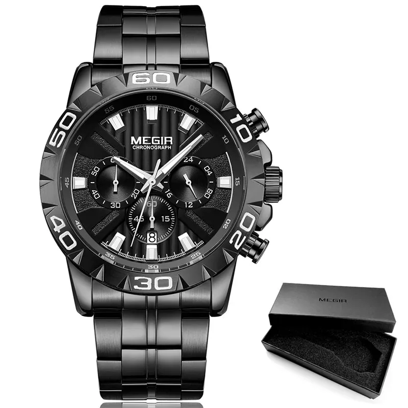 MS2087G-Black MEGIR мужские деловые кварцевые часы из нержавеющей стали водонепроницаемые светящиеся наручные часы с хронографом мужские часы 2087 черные - Цвет: MS2087G-Black