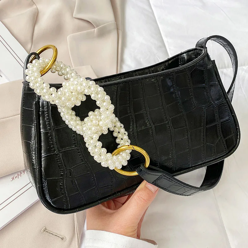 

Luxury Women Shoulder Bag Pu Leather Vintage Armpit Handbags For Women 2021 Ladys Bag French Style Pearl Small Shoulder Purse