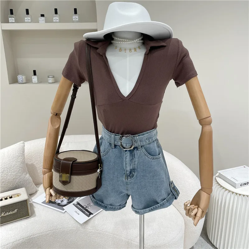 

Women's Spring Summer 2021 Fashion Short slim V-neck top High waist open navel short sleeve T-shirt sexy base T-shirt