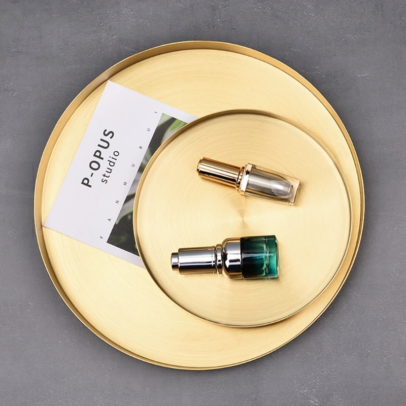 

Golden Round Storage Tray Multi Purpose Fruit Dessert Plate Jewelry Cosmetic