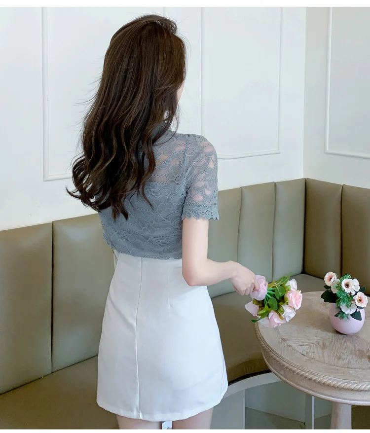 

Women's Blouse Lace Shirt Office Lady Blouses Net Yarn Hollow Top Solid Summer New Slim Fashion Casual Blusas Houthion