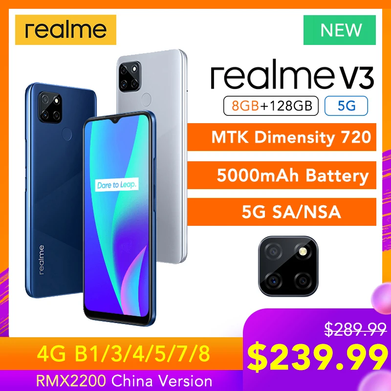 Realme V3 8 ГБ ОЗУ 128 Гб ПЗУ 5G Helio Dimensity 720 5000 мАч батарея 18 Вт Быстрая зарядка 6 5