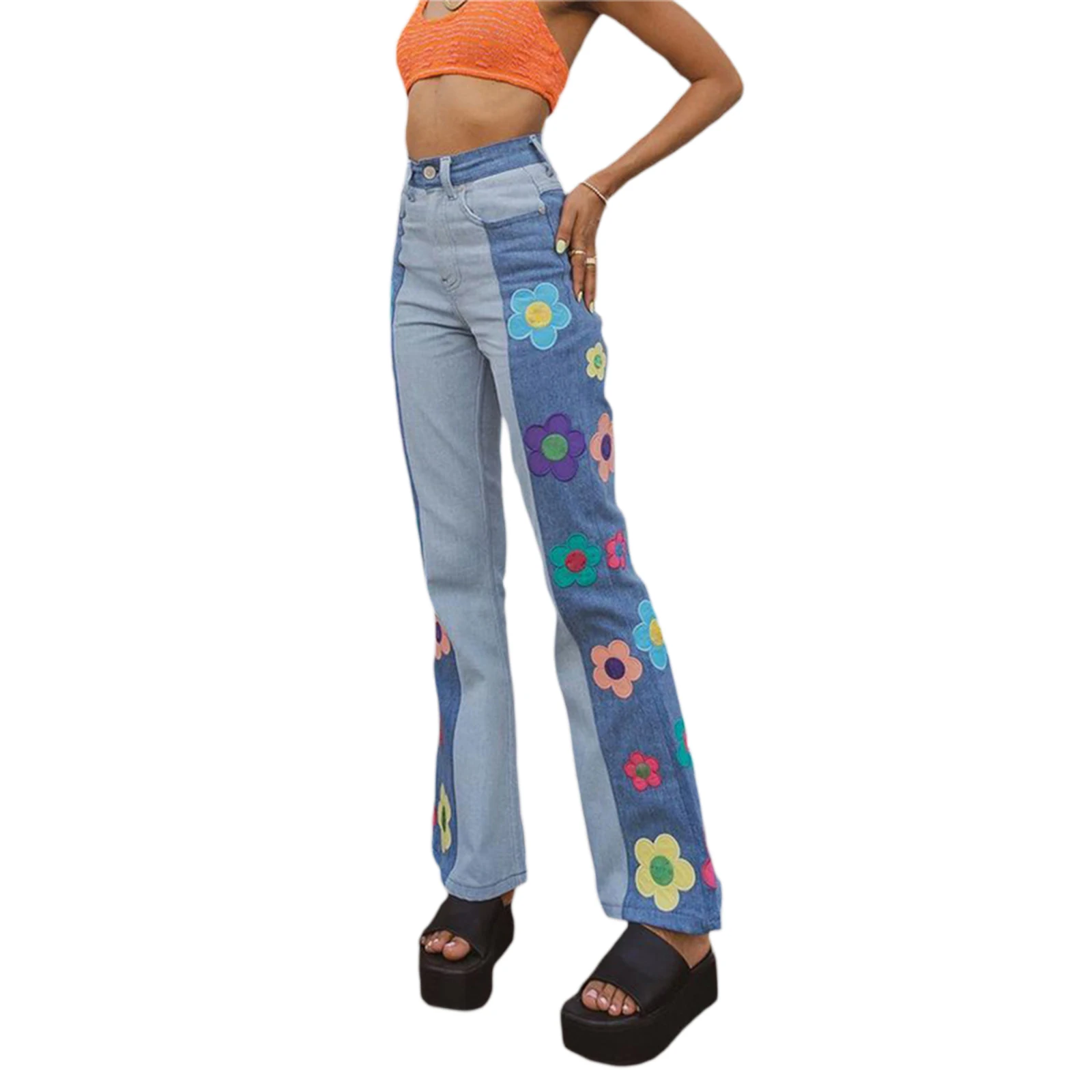 

Cute Floral Print New Jeans Women Patchwork Nice Vintage Streetwear High Waist Harajuku Straight Jeans Baggy Cargo Denim Pants