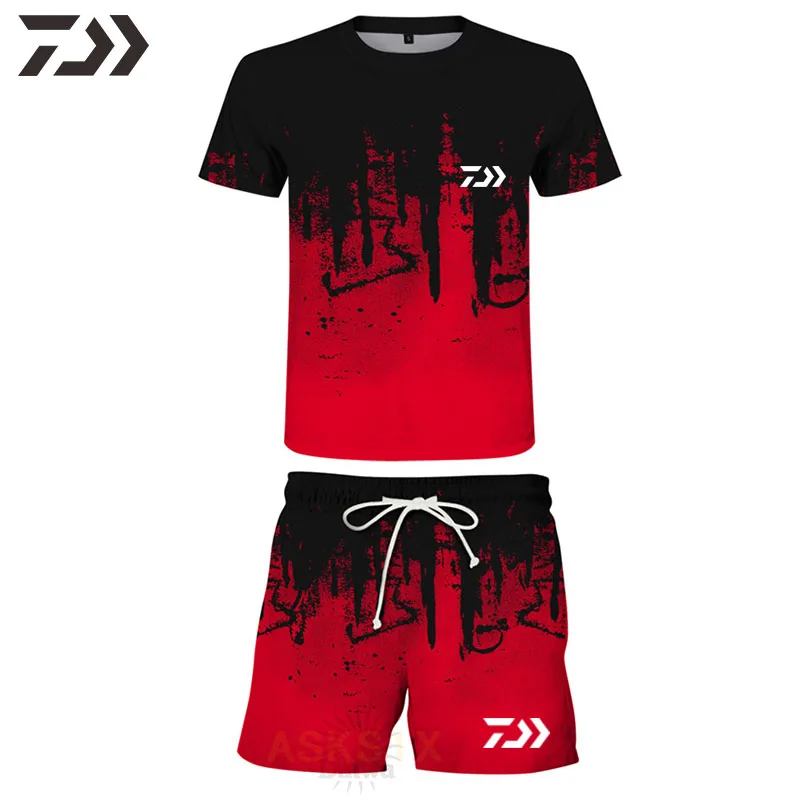 

Summer Thin Daiwa Men's Patchwork Fishing Set Anti-sweat Breathable Quick Dry Fishing T-Shirt Casul Hiking Sports Fishing Shorts
