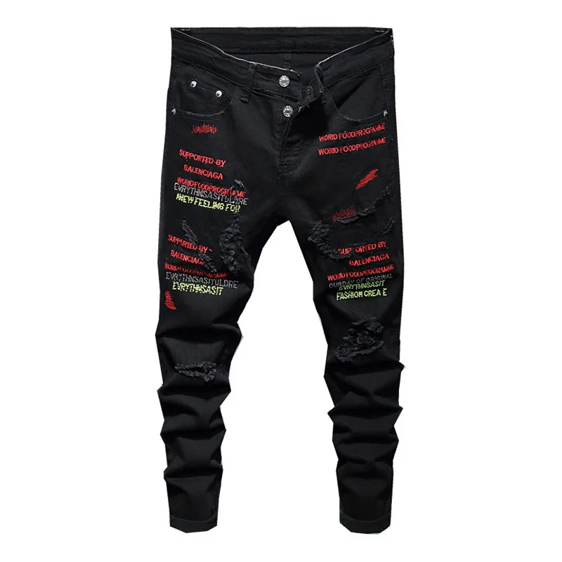 

2021 Men Ripped Distressed Jeans Pants Hip Hop Letter Printed Washed Denim Trousers Male Slim Fit