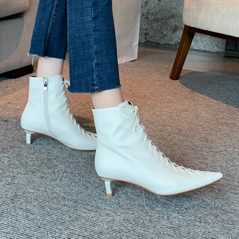 Harga Ukuran 34-40 Fashion Zipper Sepatu Wanita Hak Tinggi Kulit Asli Renda Boot Sepatu Wanita Fashion Pergelangan Kaki Sepatu Wanita Sepatu