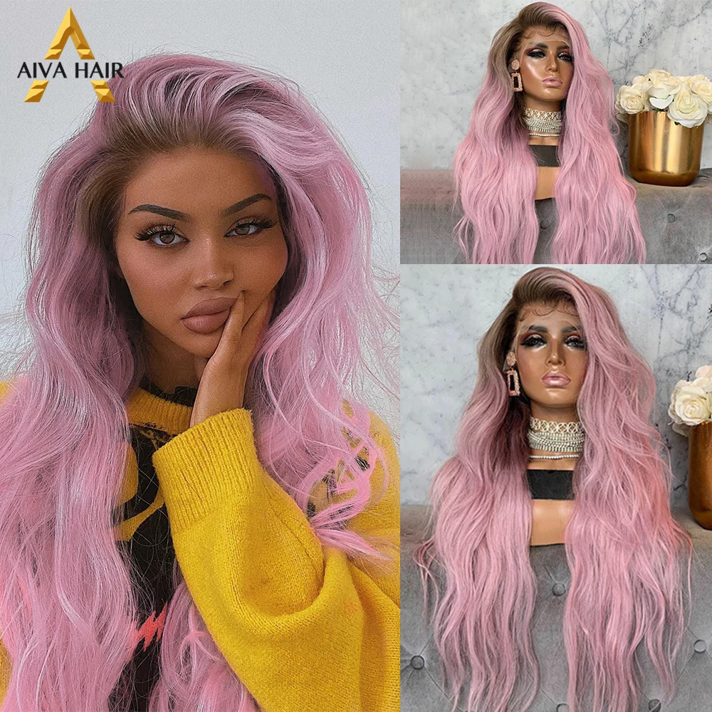 Body Wave Pink Synthetic Lace Front Wig Heat Resistant Platinum Blonde Lace Front Wig Glueless Cosplay Wigs For Black Women Aiva