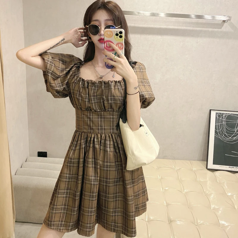 

Korean Vintage Casual Summer Puff Sleeve A Line Dresses Y2k High Waist Square Collar Plaid Ladies Khaki Dresses For Women 2021