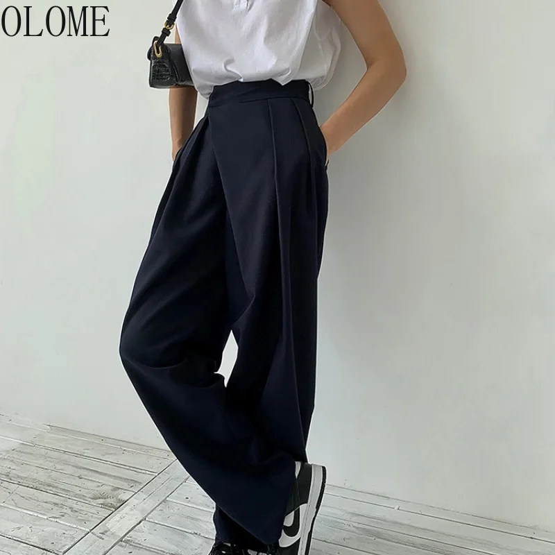 

OLOME 2021 New Women Autumn Straight Loose Wide Leg Mop Trousers High Waist Thin Casual Cozy Fashion Work Pant High Quality