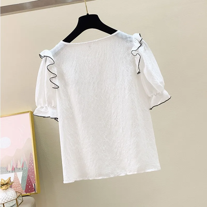 

Women Summer Loose Casual Chiffon Blouses New Arrival 2021 Fashion Ruffles Flare Sleeve Ladies Elegant Short Sleeve Tops W352