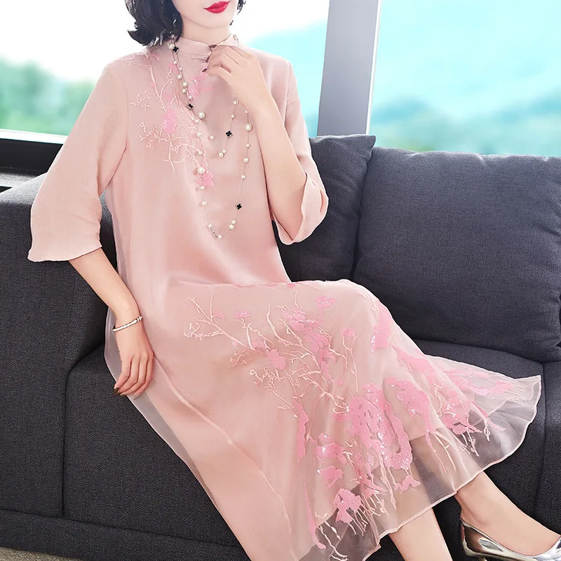 Летнее платье 2020 Элегантное Шелковое Платье для женщин винтажное с вышивкой