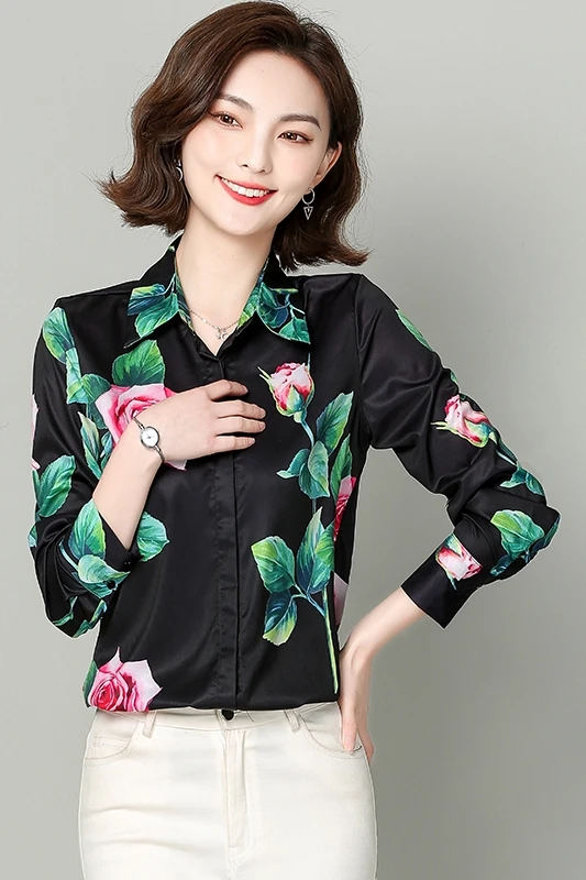 

Houthion Casual Shirt New Silk Long Sleeve Blouse Lapel Printing Summer Tops Thin Comfortable Fashion Lady Blusas