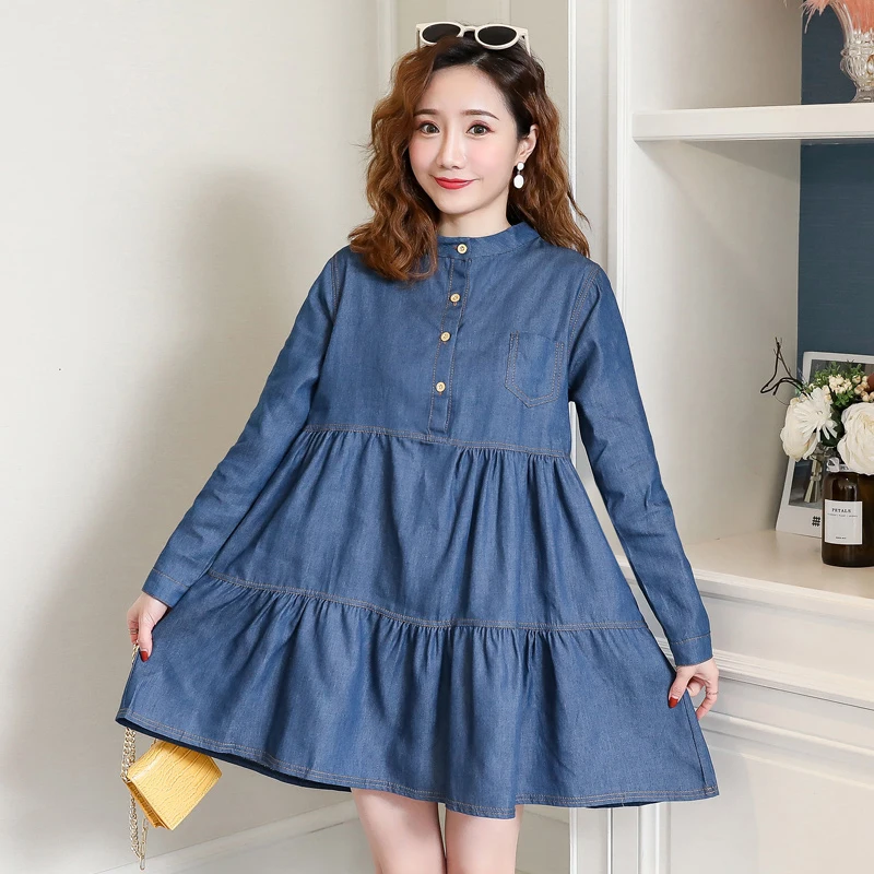 

Корейский стиль середины Длина платье из джинсовой ткани стильные свободные размера плюс для похудения с длинным рукавом и Расклешенная юб...