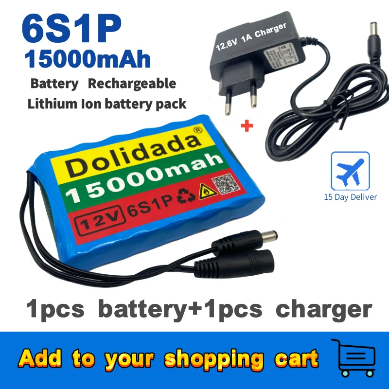

Portable Super 12V 6S1P 15000mah battery Rechargeable Lithium Ion battery pack capacity DC 12.6v 15Ah CCTV Cam Monitor + charger