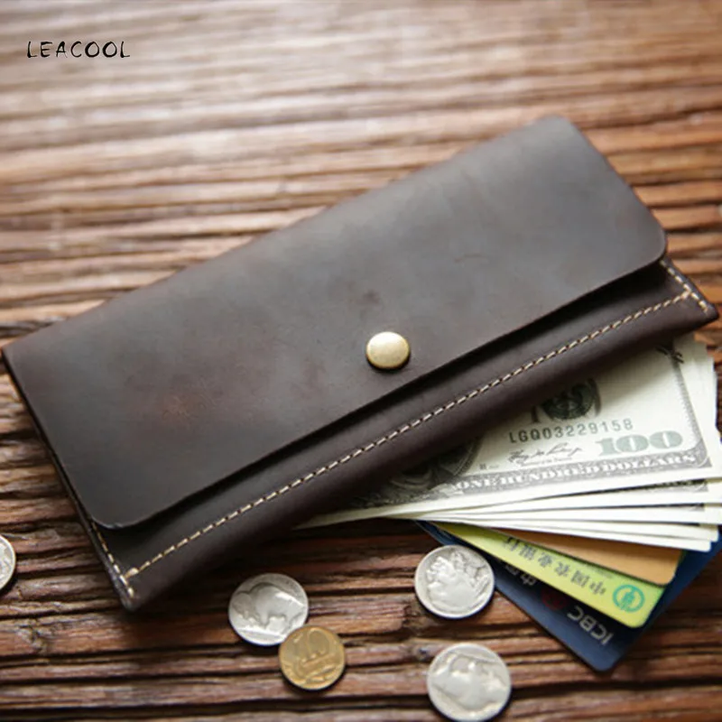 

Винтажный Мужской Длинный кошелек ручной работы из натуральной кожи, тонкий кошелек Crazy Horse, мужской клатч из воловьей кожи, кошельки, держатель для ID карт, сумка