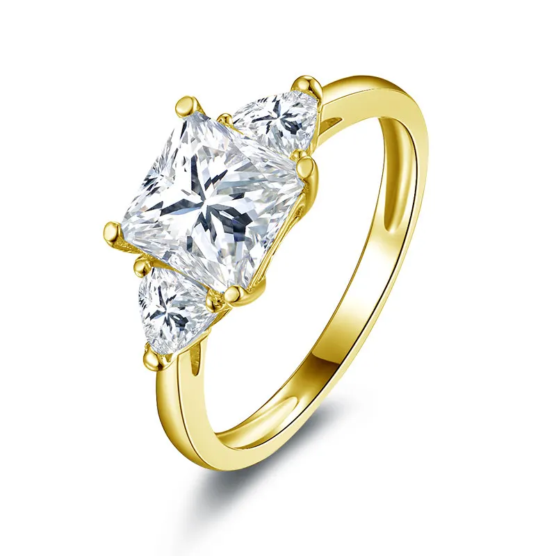 AINUOSHI Трендовое кольцо с тремя камнями 14 K, однотонное белое/желтое золото, День Святого Валентина, 1,6 карат, принцесса, огранка, Сона, бриллиантовое обручальное кольцо - Цвет камня: 14K Yellow Gold