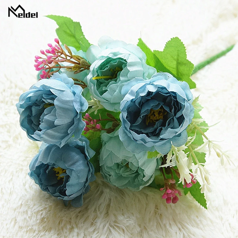 B-blue Meldel свадебный букет, Искусственный Пион, 7 головок, розовый, для подружек невесты, свадебный букет, сделай сам, для дома, вечерние, декор для магазина - Цвет: B-blue